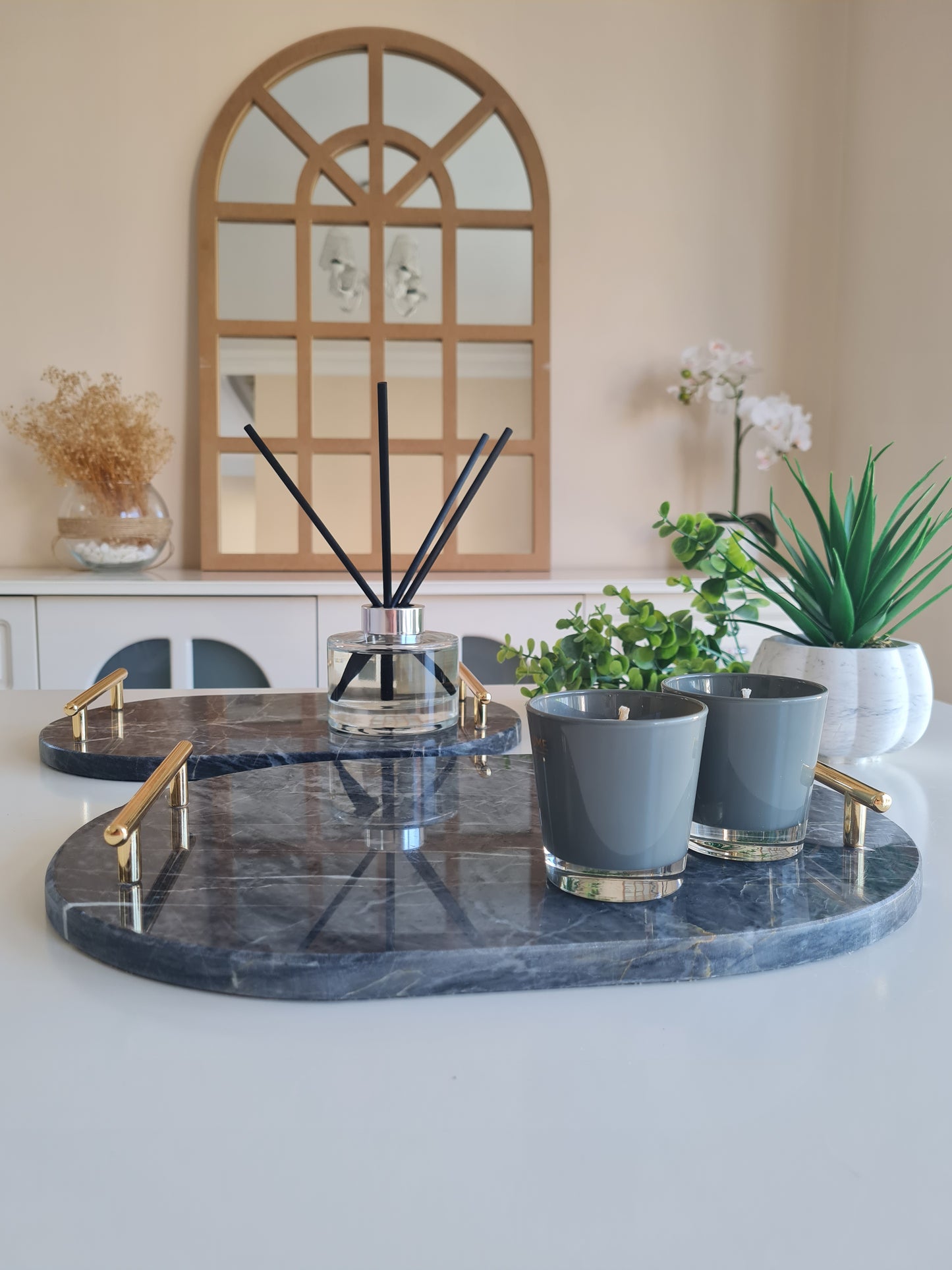 2er Set Marmor Tablett oval mit Metallgriffen