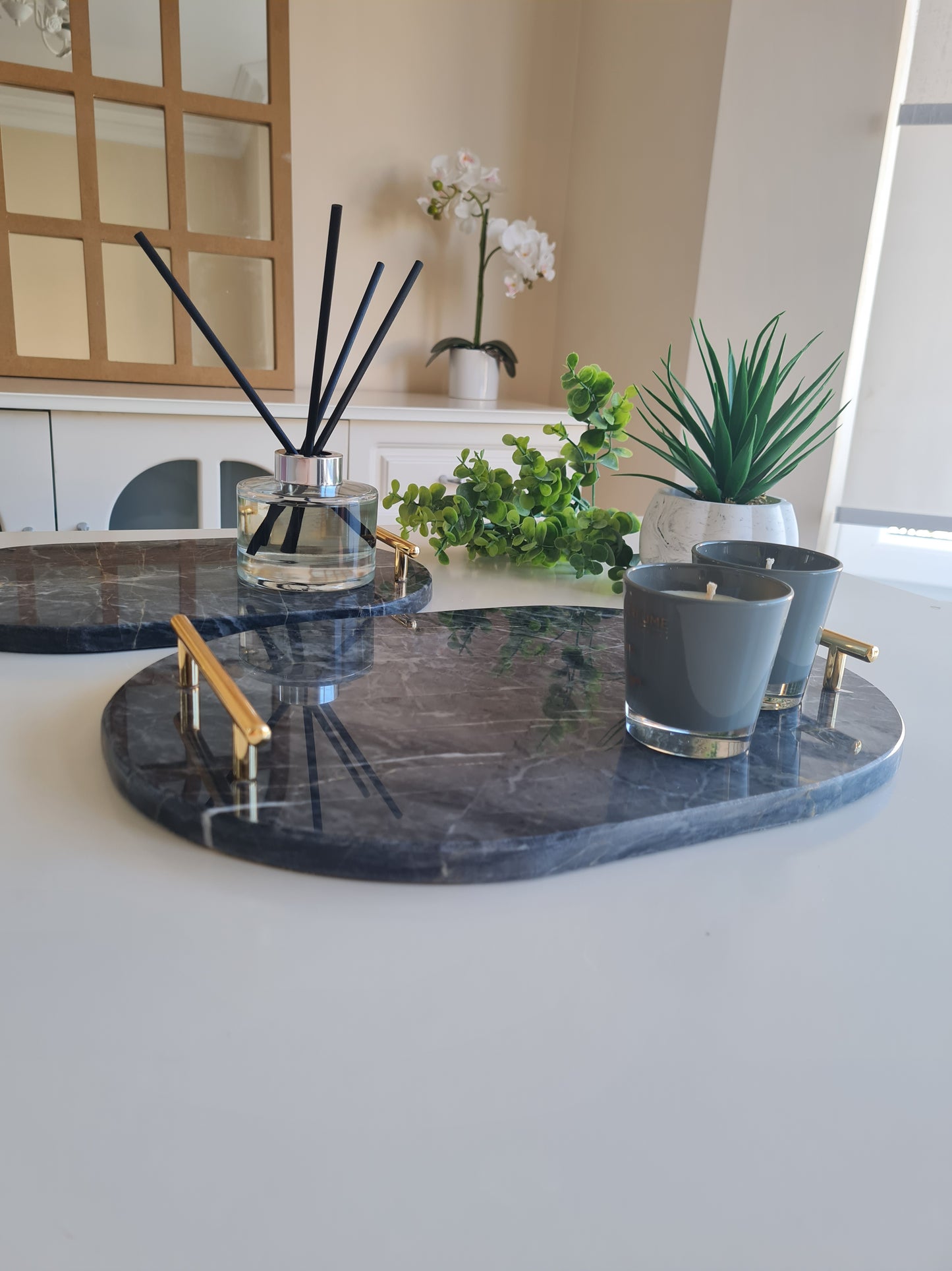 2er Set Marmor Tablett oval mit Metallgriffen