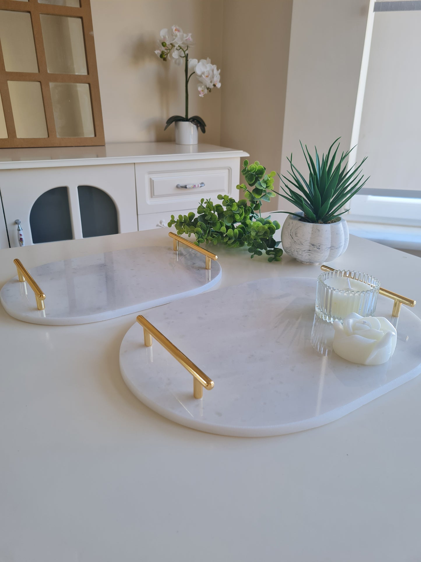 2er Set Marmor Tablett oval mit Metallgriffen