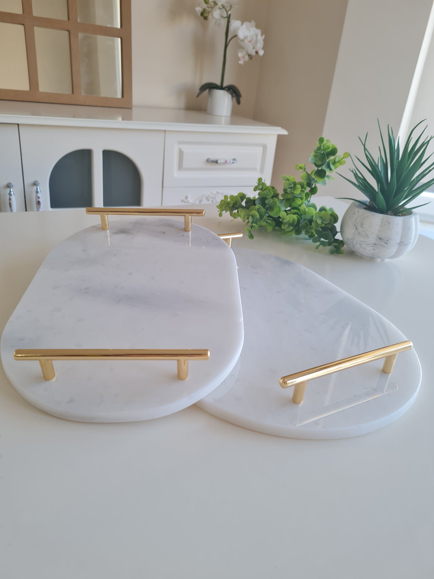 2er Set Marmor Tablett oval mit Metallgriffen