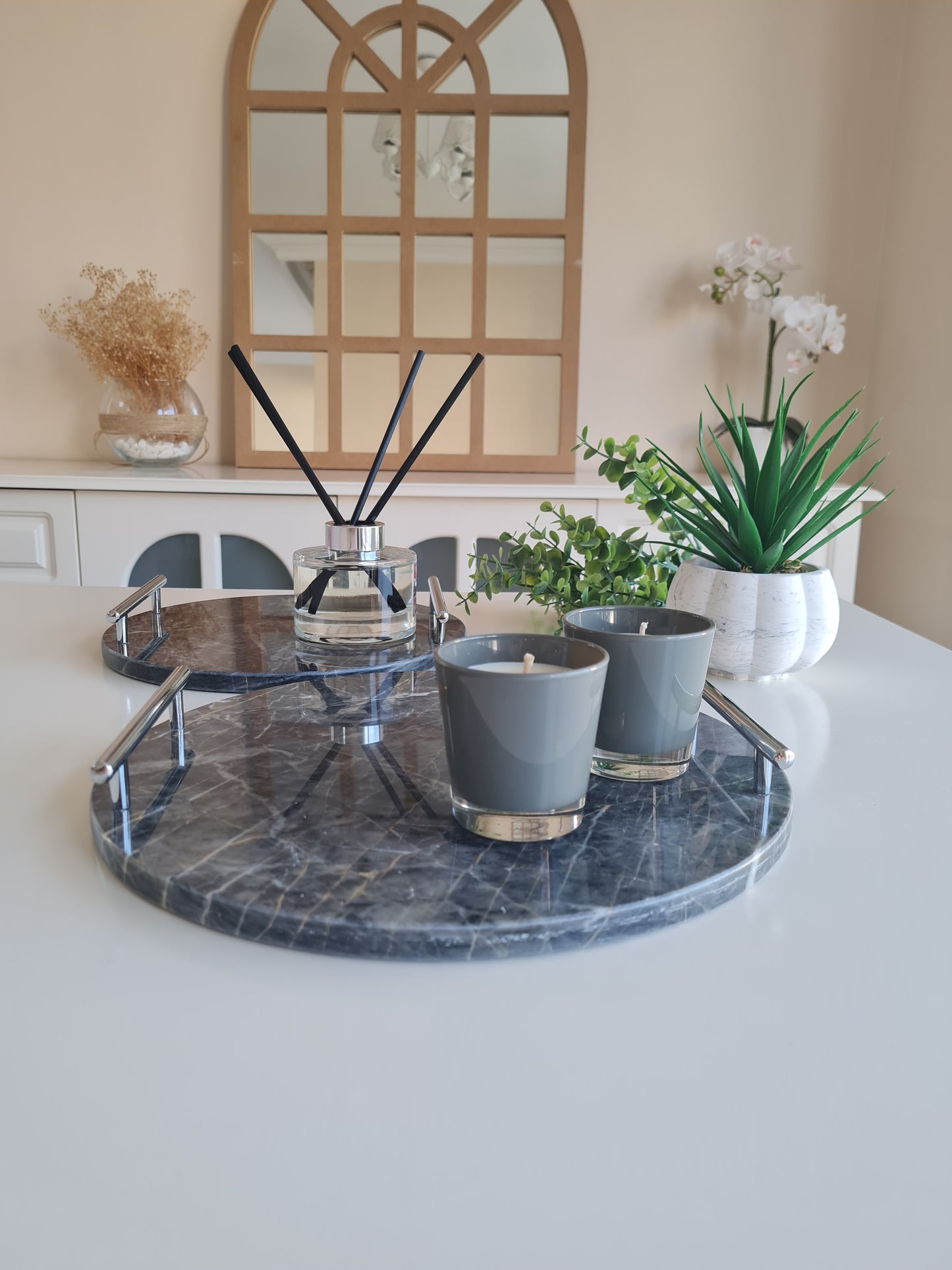 2er Set Marmorplatte rund mit Metallgriffen