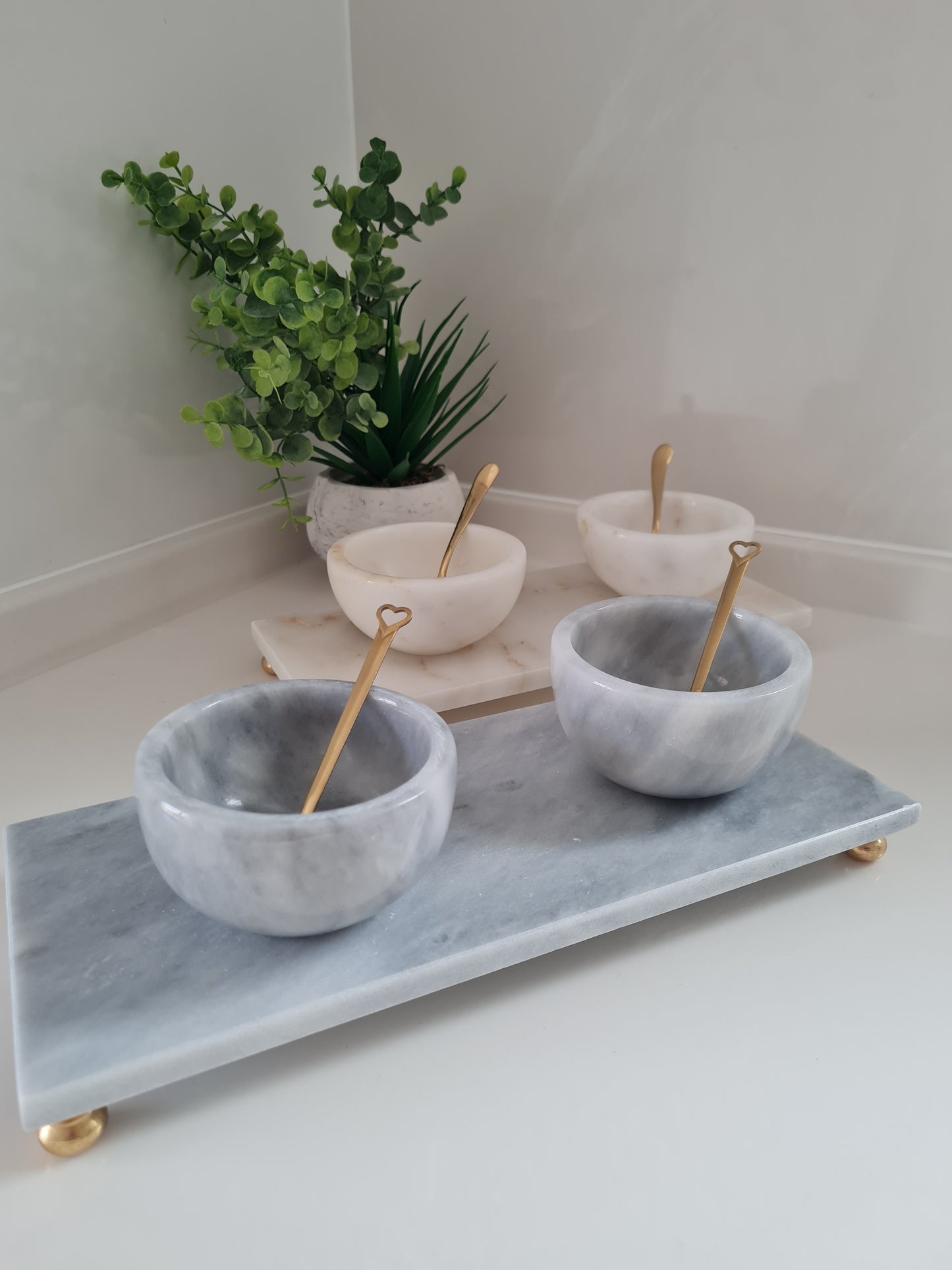 2 Marmor Schale mit Tablett und Löffel