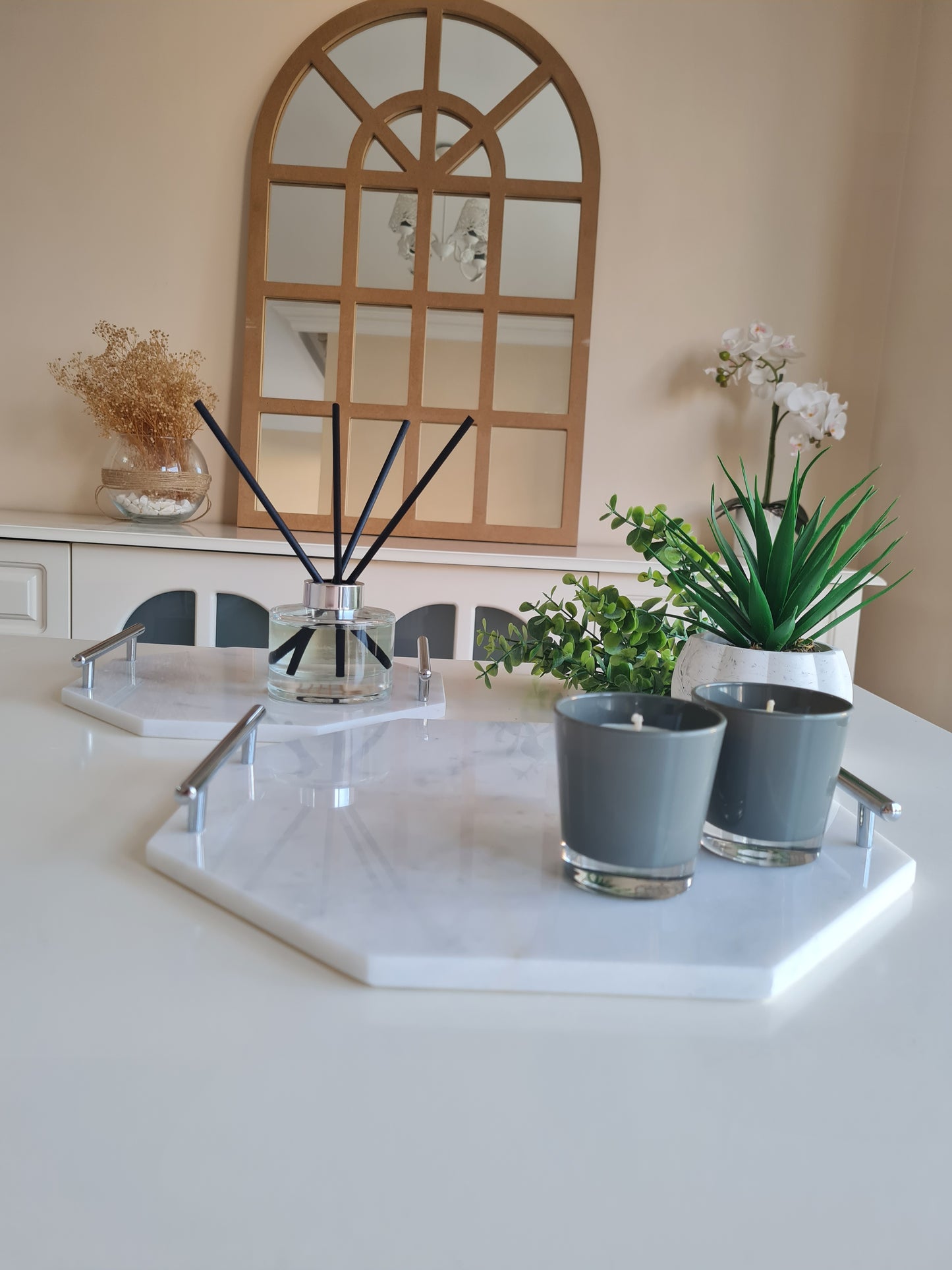 2er Set Marmor Tablett achteckig mit Metallgriffen