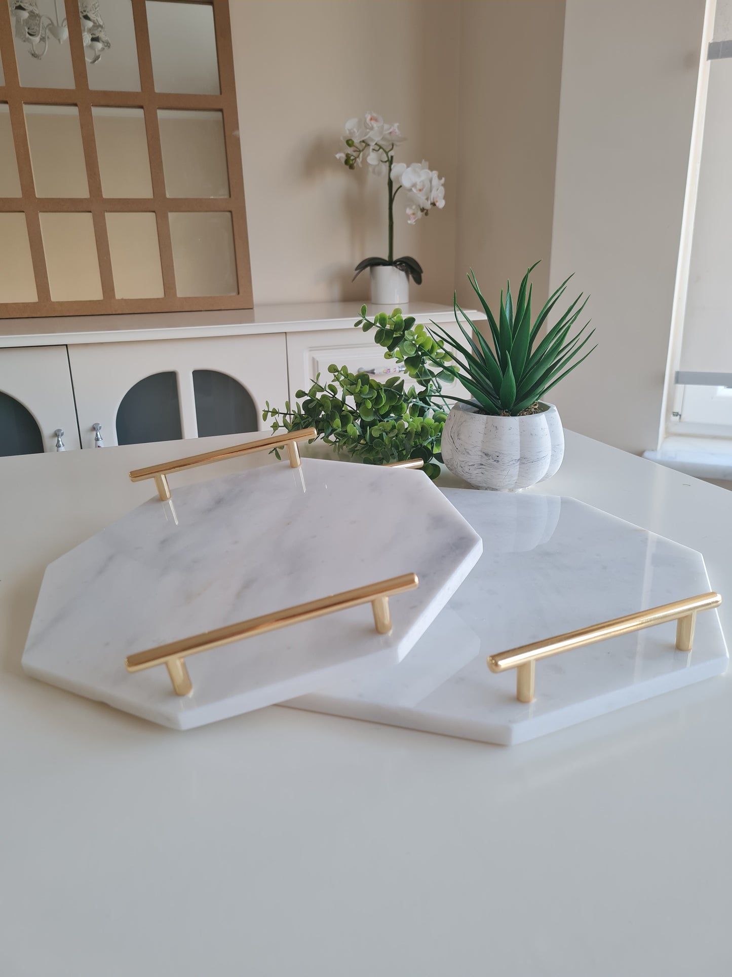 2er Set Marmor Tablett achteckig mit Metallgriffen