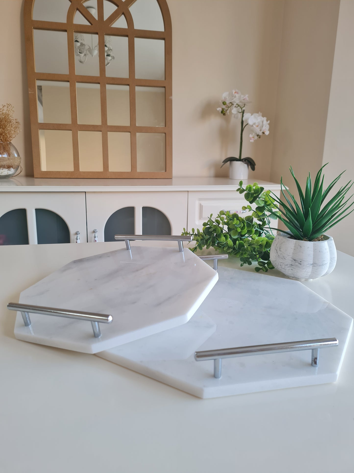 2er Set Marmor Tablett achteckig mit Metallgriffen