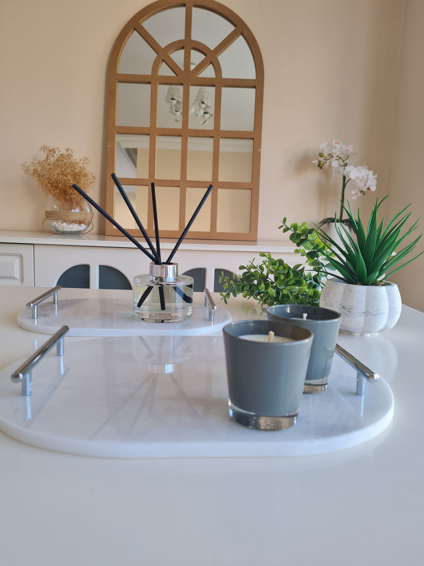 2er Set Marmor Tablett oval mit Metallgriffen