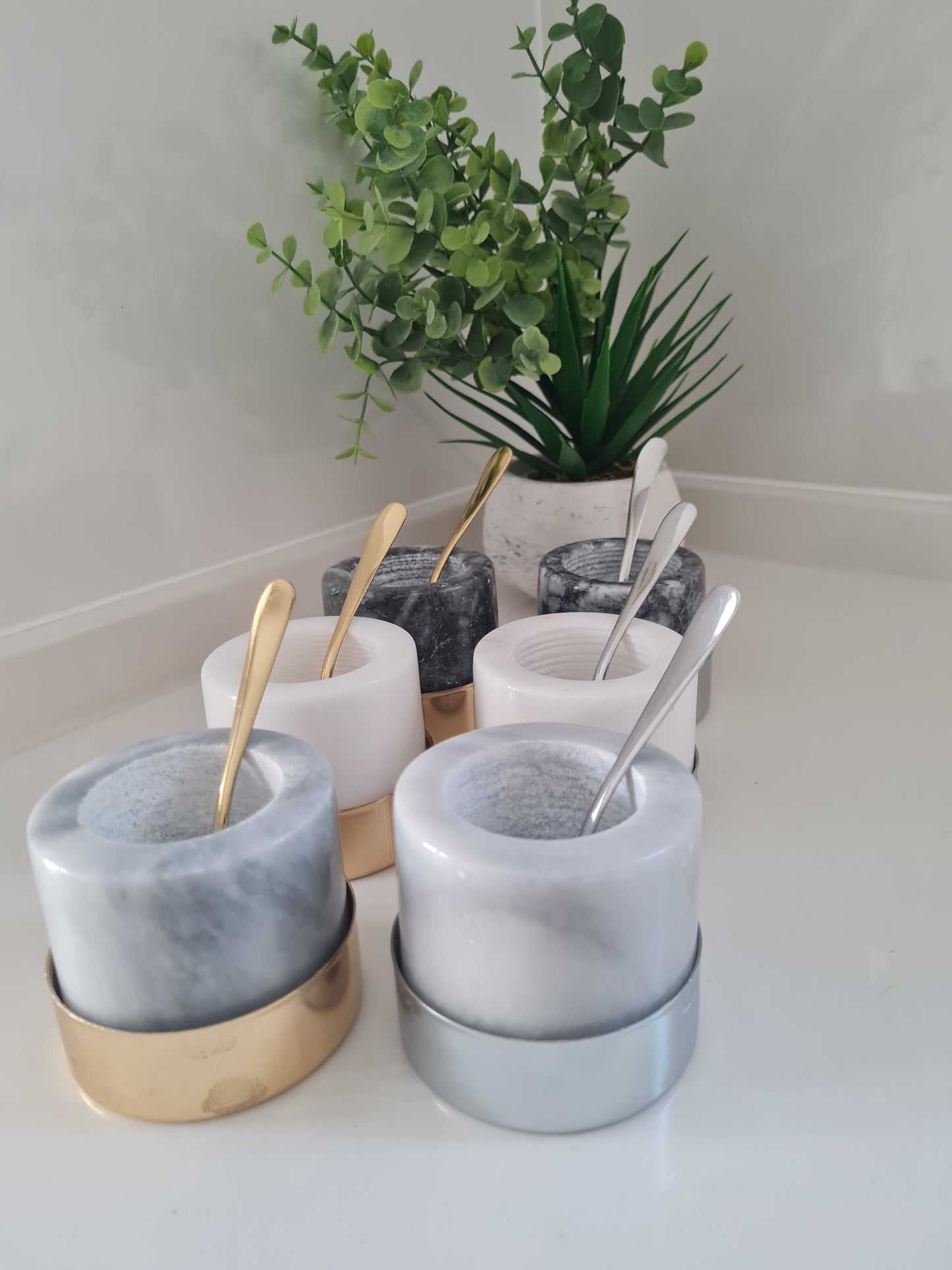 2er Set Marmor Gewürzschale mit Metallhalter und Löffel