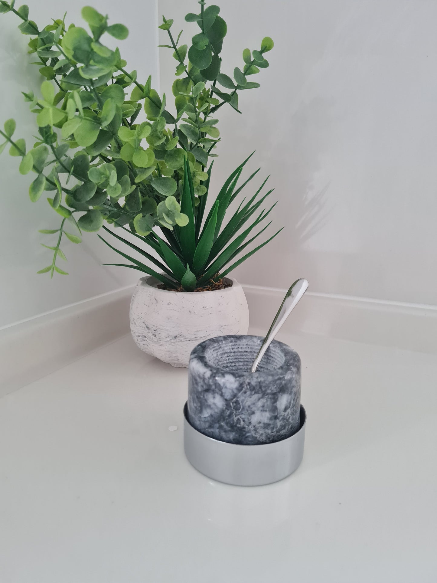 2er Set Marmor Gewürzschale mit Metallhalter und Löffel