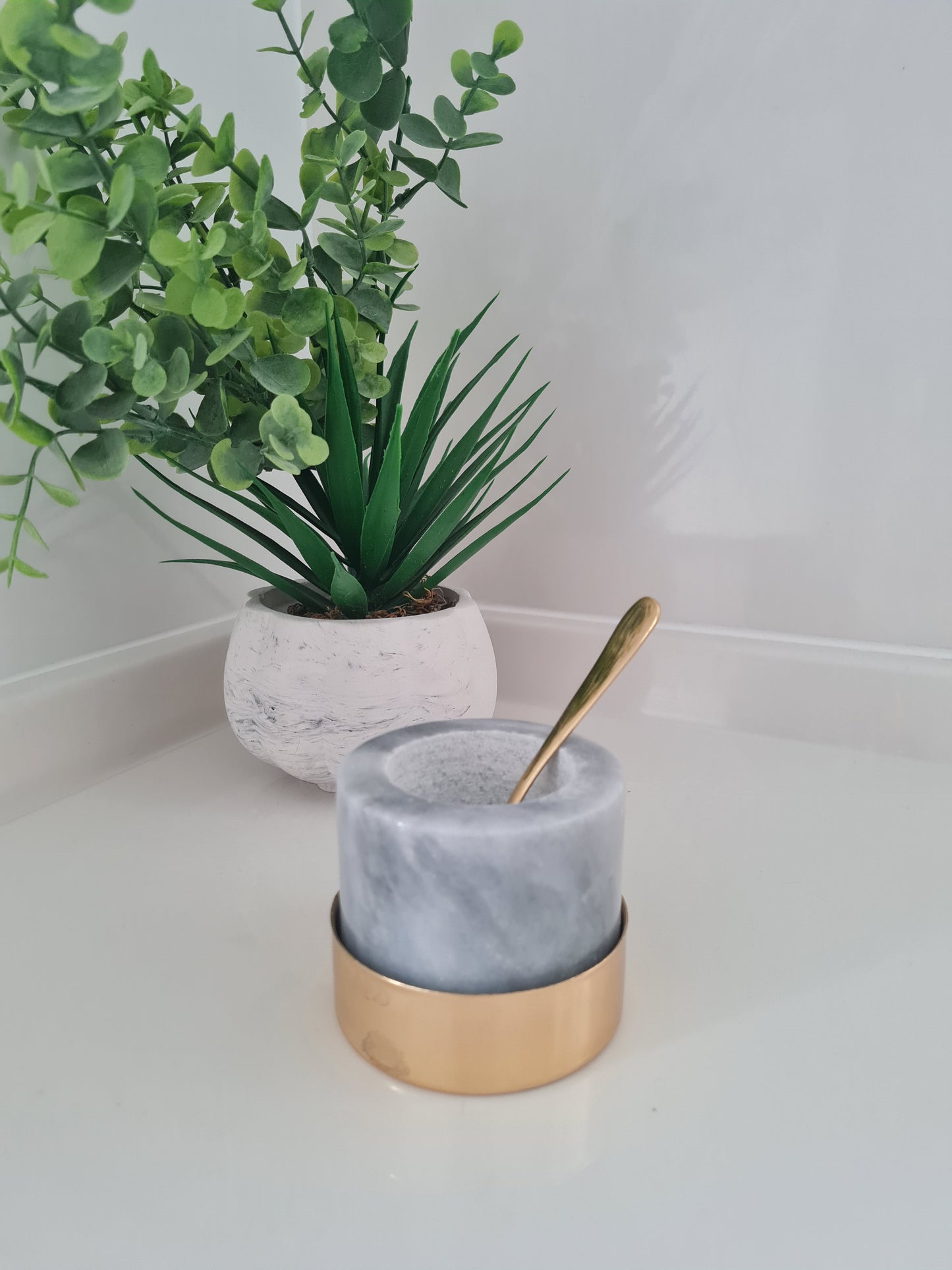 2er Set Marmor Gewürzschale mit Metallhalter und Löffel